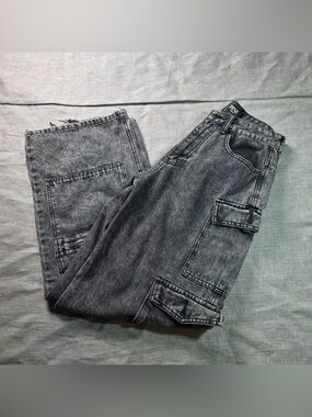 Rise Supply Co Acid Wash Cargo Jeans Womens High Rise Wide Leg Skate Y2K Black